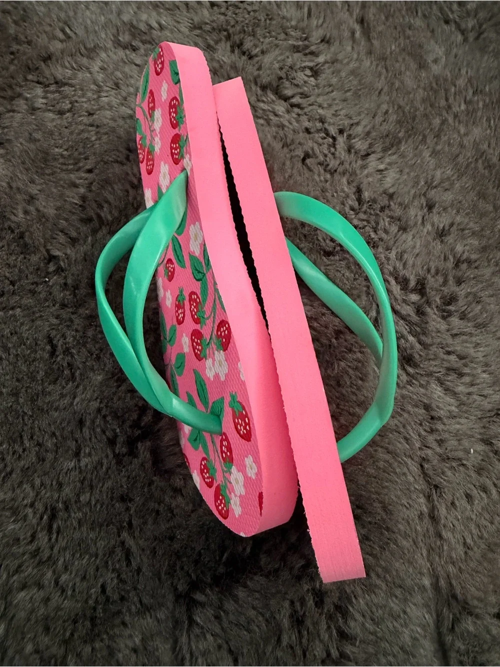 Old Navy Pink Strawberry Print Flip Flops with Green Straps